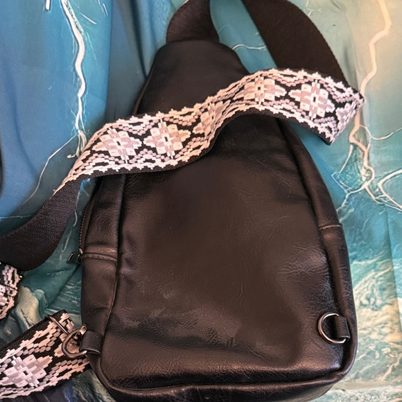 Black Studded Crossbody Sling Bag with Woven Strap - Picture 9 of 9